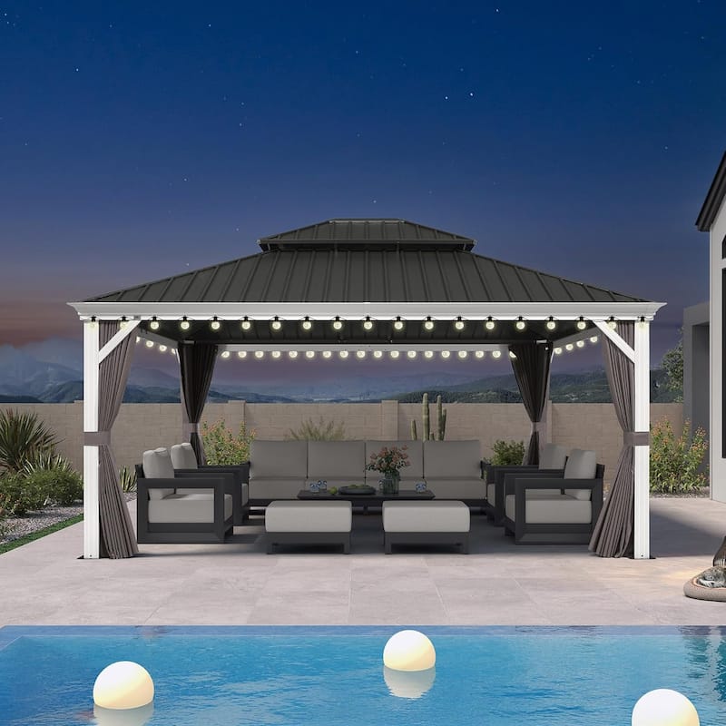 PURPLE LEAF Patio Hardtop Gazebo Pro for Outdoor Grey Galvanized Steel Double Roof White Aluminum Poles - 14' x 16' - White Pro with Light