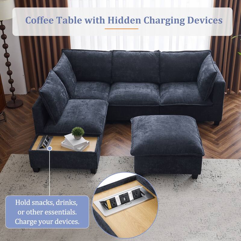 U-Shaped Sectional Sofa with Ottoman, Coffee Table with Hidden Charging Devices, Oversized Chenille Upholstered Cloud Sofa