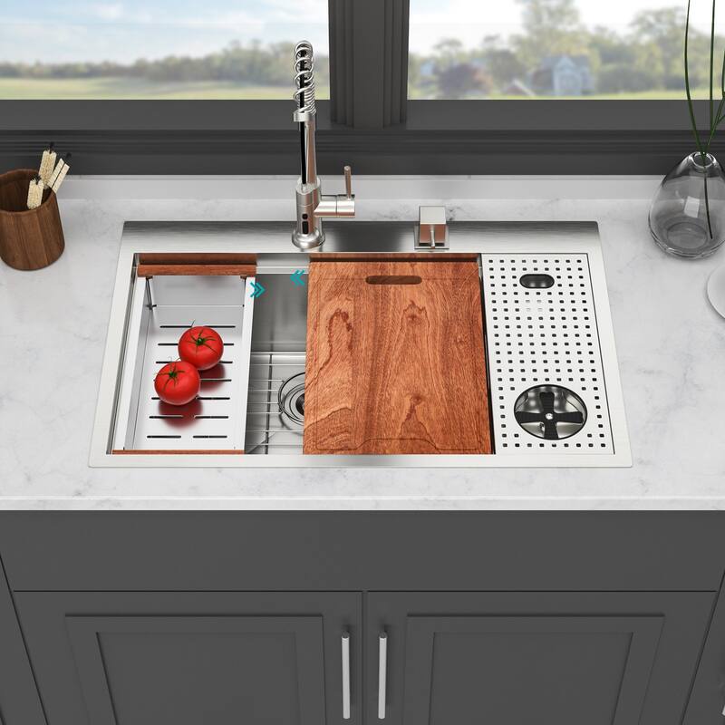 33 Inch Drop-in Single Bowl 16 Gauge Stainless Steel Kitchen Sink with Cup Washer in Brushed Nickel - 33'' x 22'' x 10'' - 33'' x 22'' x 10'' - Brushed Nickel