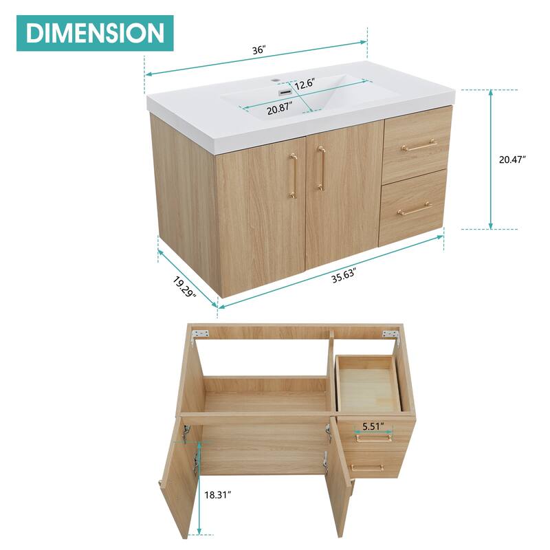 Prismella 36" 48" Wall-Mount Bathroom Vanity in Oak with Top
