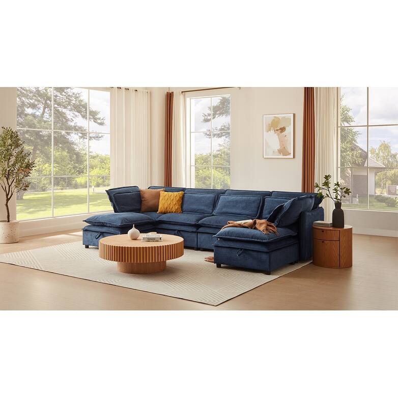 Modern Large U-Shaped Modular Sofa with Movable Storage Ottoman,. Upholstered Deep Seat Sofa with Double-Layer Cushion