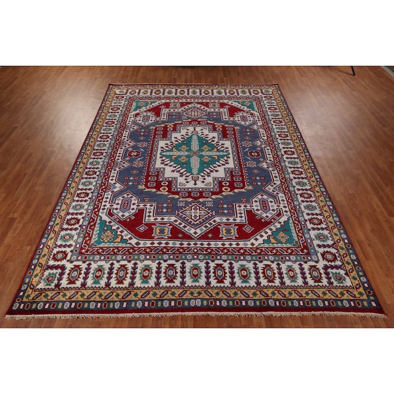 Geometric Kazak Area Rug Hand-Knotted Blue Oriental Wool Carpet - 8'10" x 11'8"