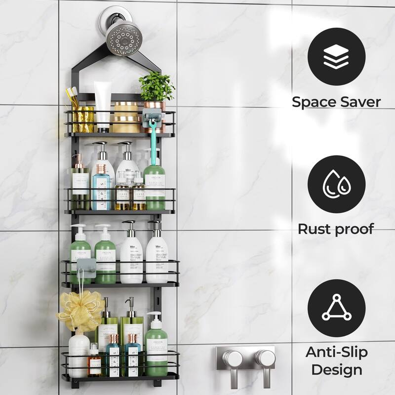 Shower Caddy Organizer Over Head Anti-Swing Hanging Bathroom Shelves Basket Rack Rustproof (Black, 11.96" x 4.84" x 39") - Black