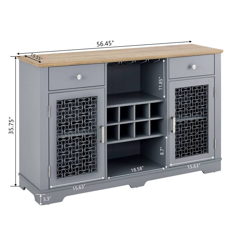 Modern Farmhouse Buffet Cabinet with Glass Doors, 2 Drawers, Wine Rack and Coffee Bar Storage, Light Blue and Light Oak