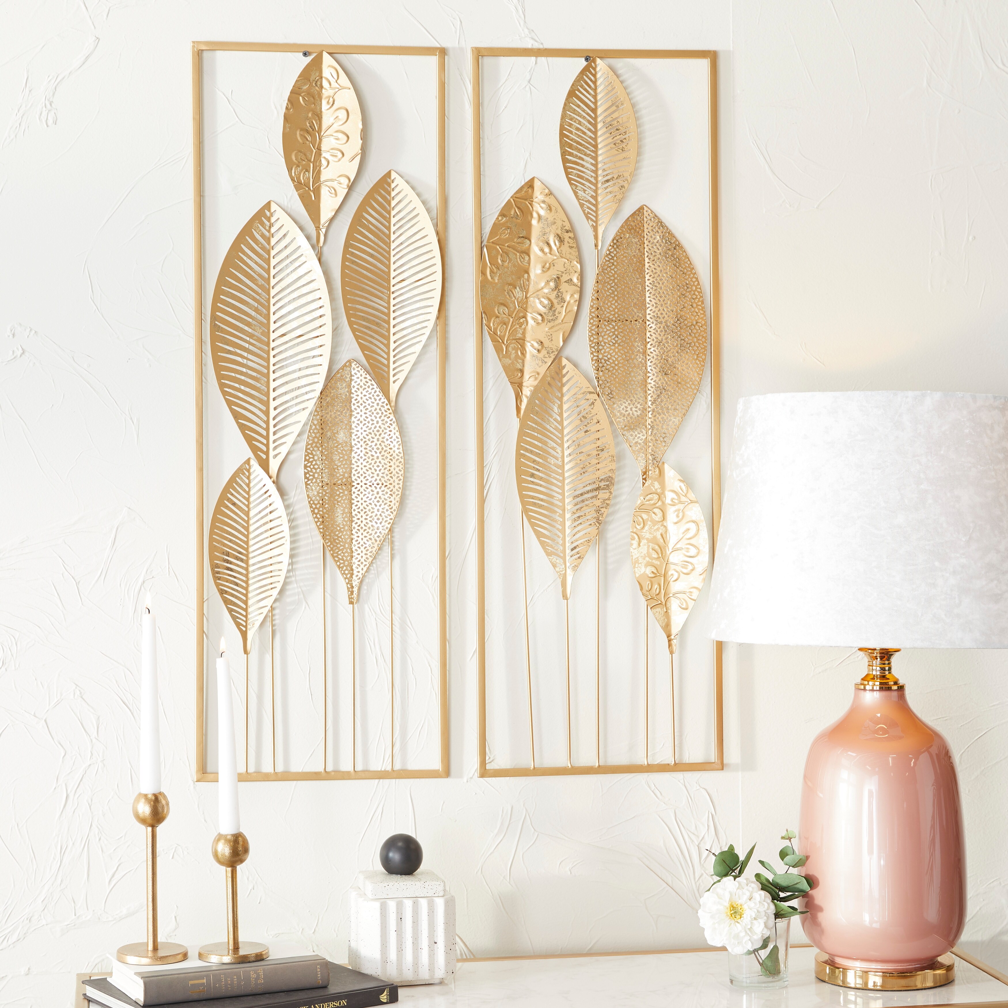 CosmoLiving by Cosmopolitan Gold Metal Tall Cut-Out Leaf Wall Decor with  Gold Frame (Set of 2) On Sale Bed Bath  Beyond 35059836