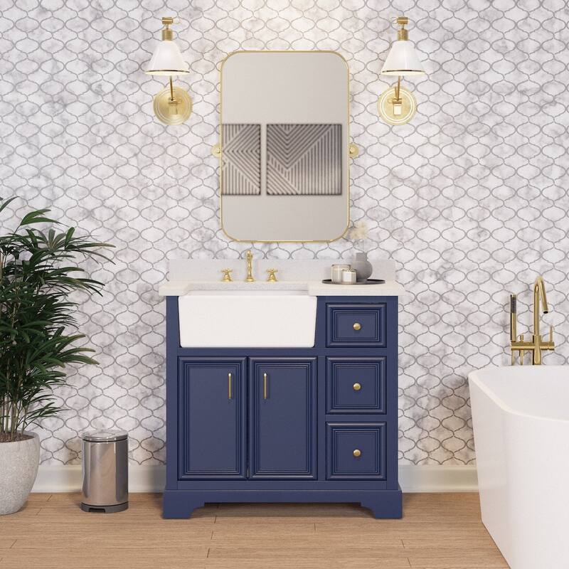 KitchenBathCollection Zelda 36" Farmhouse Bathroom Vanity with Quartz Top - Royal Blue