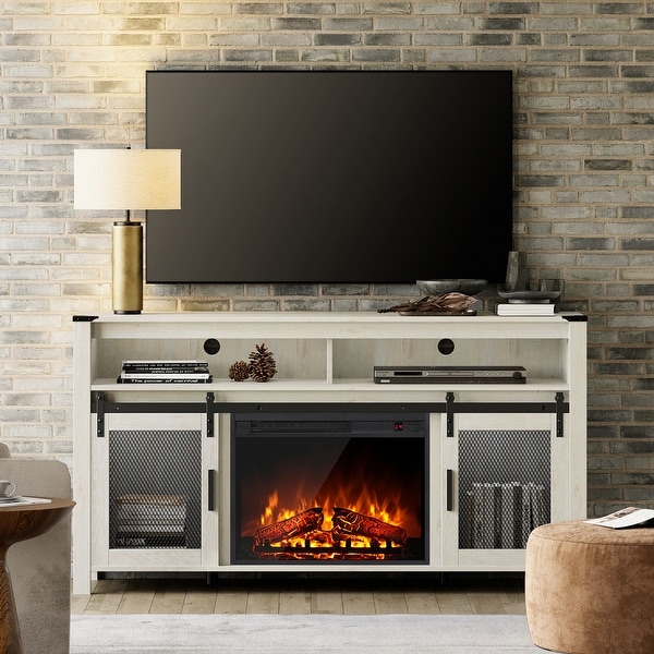 Entertainment center with barn 2025 doors and fireplace