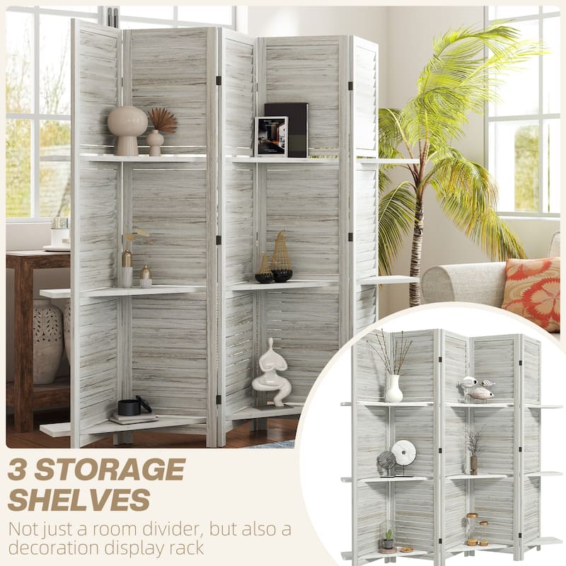 HOMCOM 5 Panel 67" Tall Wood Room Divider, Privacy Screen with 3 Display Shelves, and Folding Storage for Bedroom or Home Office