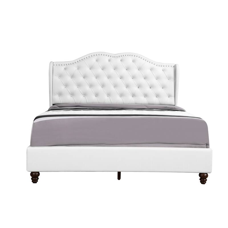 White Tufted Panel Bed - Jewel Wingback Headboard & Wood Frame - Requires Box Spring