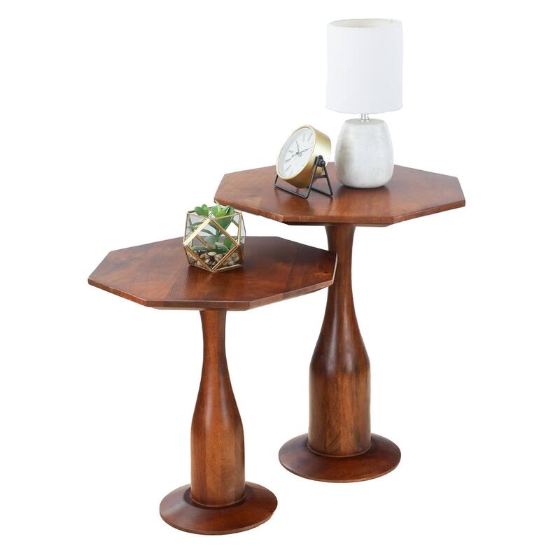 Set of 2 Hexagon Accent Tables with Mango Wood Tops and Pedestal Bases