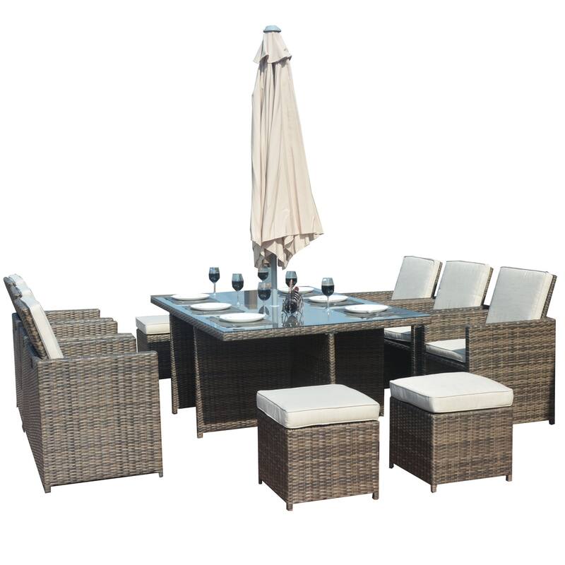 11-Piece Aluminum Wicker Outdoor Dining Set with Cushions and Tempered Glass Tabletop