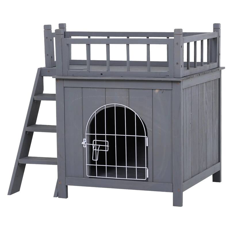 2-Level Wooden Cat House Outdoor With Lockable Wire Door - 28.75" L x 20.5" W x 25.75" H