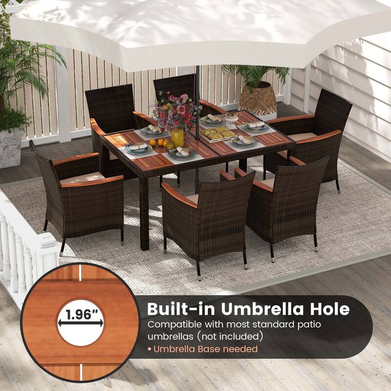 Costway 7 Pieces Outdoor Wicker Dining Set with Acacia Wood Table and - See Details