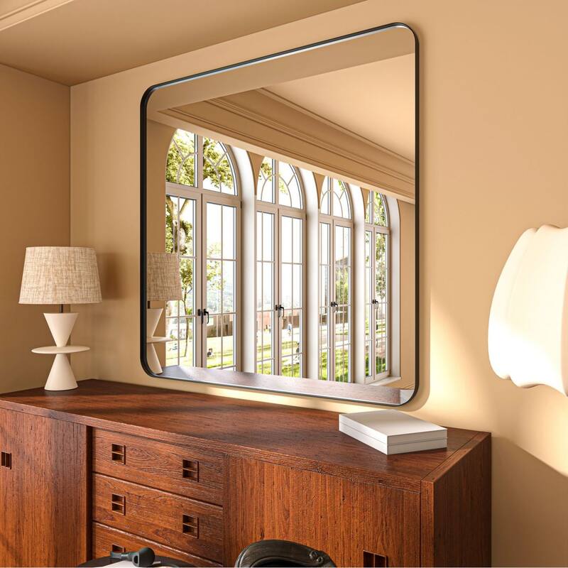 Organnice Rectangular Aluminum Framed Modern Rounded Wall Mount Mirror