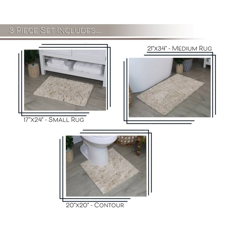 Home Weavers Cloud Comfort 100% Microfiber Bathroom Rug, Non Slip Bath Mat Water Absorbent Soft Microfiber Shaggy Mat - 3 PC Set