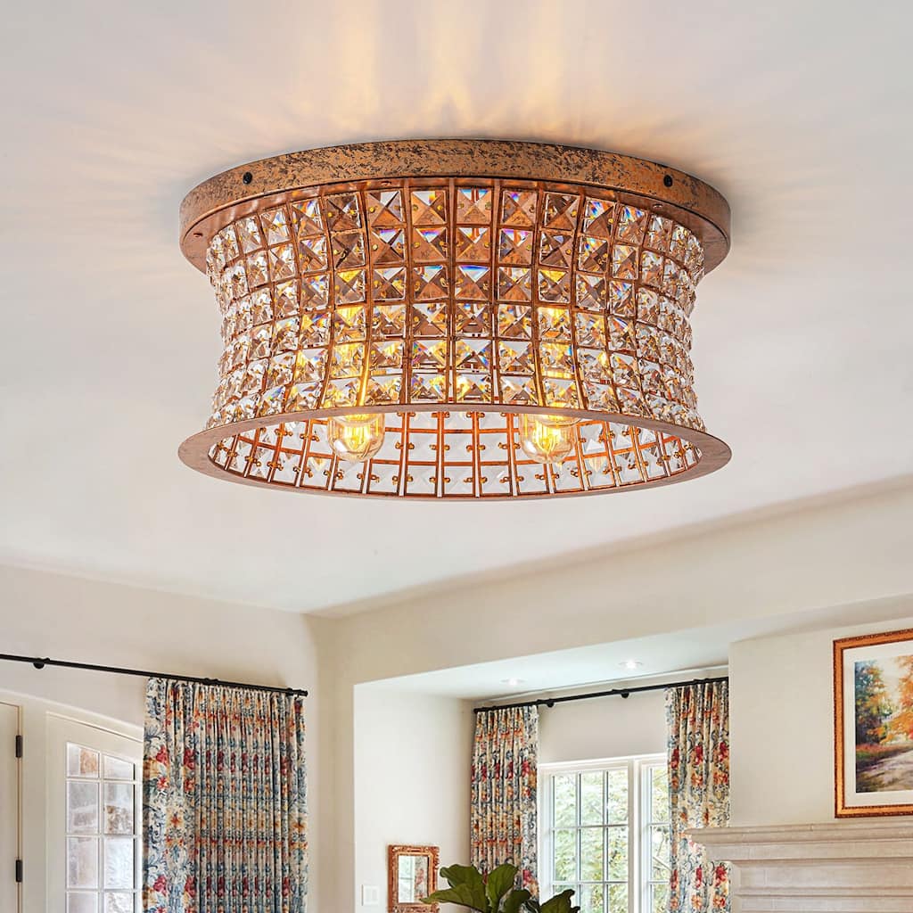 4-Light Glam Distressed Copper Crystal Flush Mount Ceiling Light - 15.75