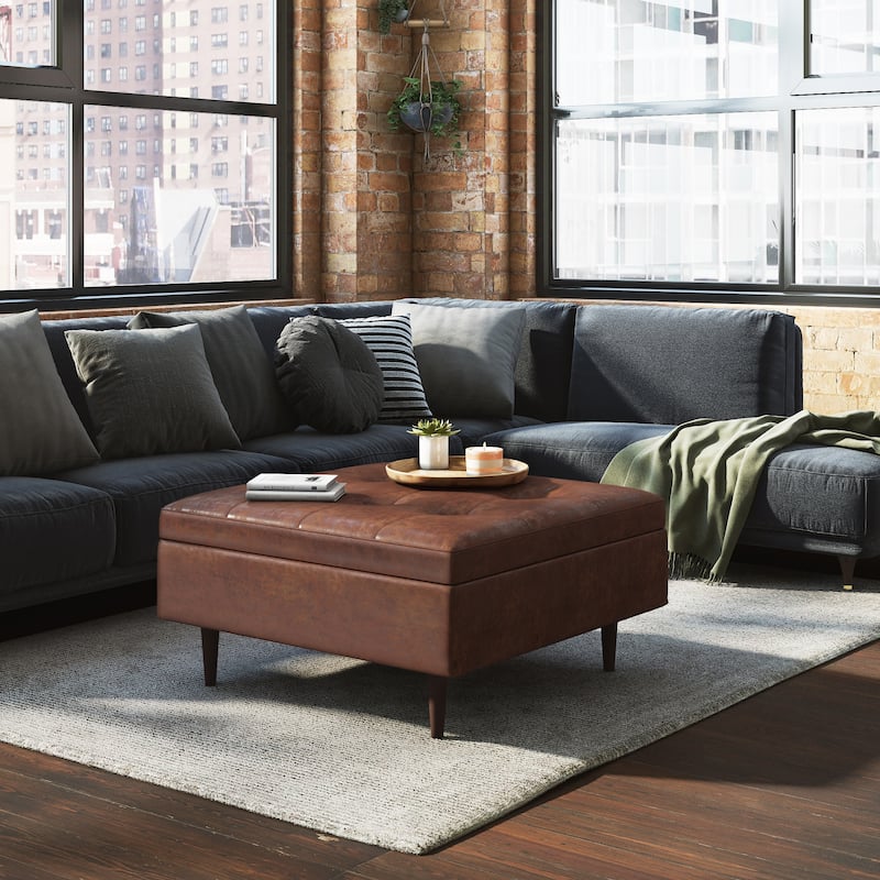 WYNDENHALL Blanchette Mid Century Modern Storage Ottoman - 38"D x 38"W x 18.5"H - Distressed Saddle Brown