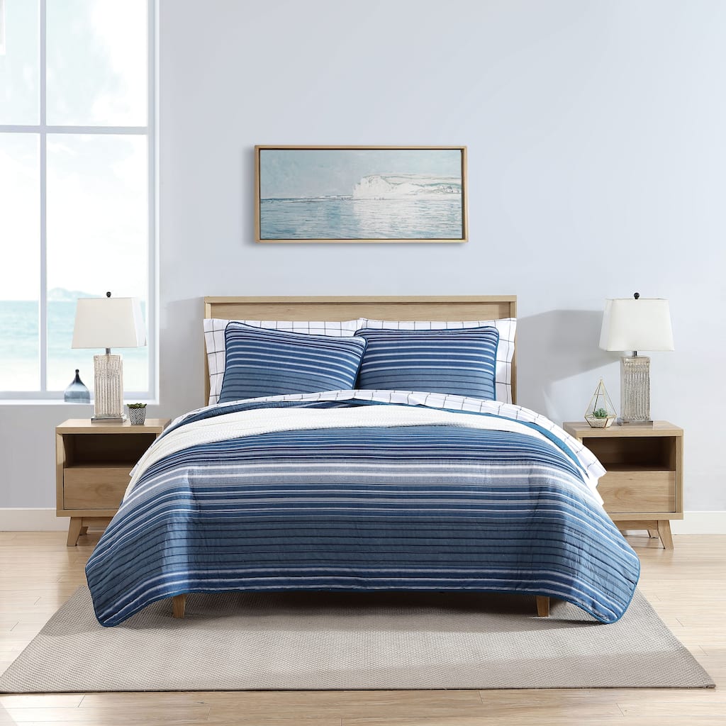 Nautica Coveside Seascape Stripe With Solid Reverse Cotton Quilt (Blue, 3 Piece Set)
