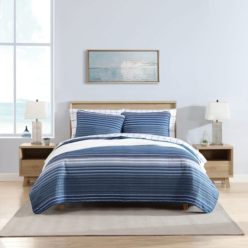 Nautica Coveside Seascape Stripe With Solid Reverse Cotton Quilt (Blue, 3 Piece Set)