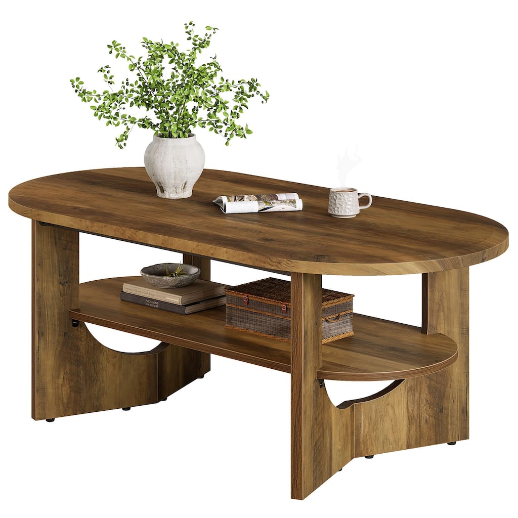47.24" Oval Coffee Table, Farmhouse 2 Tiers Wooden Center Table
