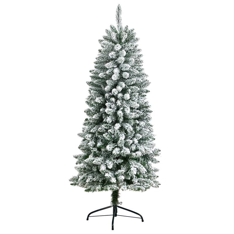 5' Flocked Slim Montreal Artificial Christmas Tree, Warm Clear LED - 5 Foot