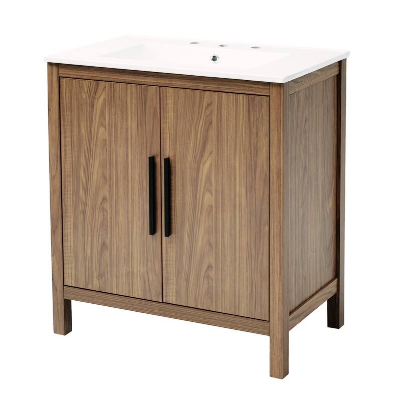 30" Wood Color Bathroom Vanity with Single Sink,Solid Wood Frame
