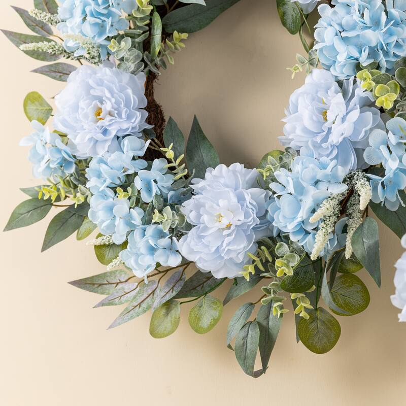 Glitzhome 18"H Blue Peony & Hydrangea with Ceramic Vase Centerpiece