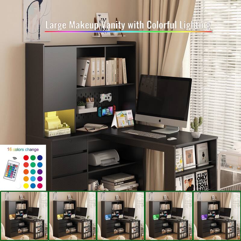 L Shaped Computer Desk with Drawers and Bookshelf, Corner Desk with LED Light and Power Outlets for Home Office