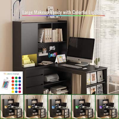 L Shaped Office Desk Computer Desk with Power Outlets & Bookshelf, Black