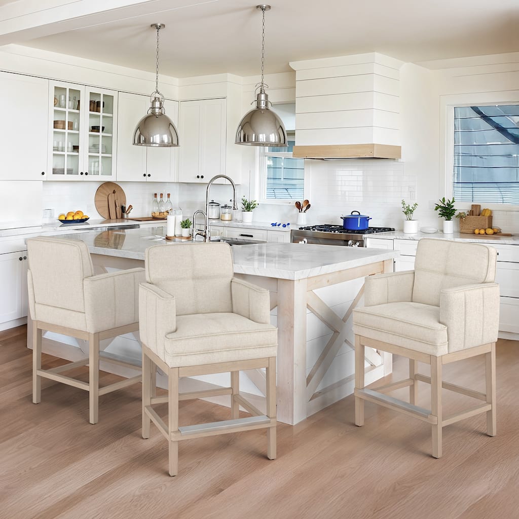 27 in. Counter Height Upholstered Bar Stools Modern Barstools with Open Arms and Wood Legs for Kitchen Islands