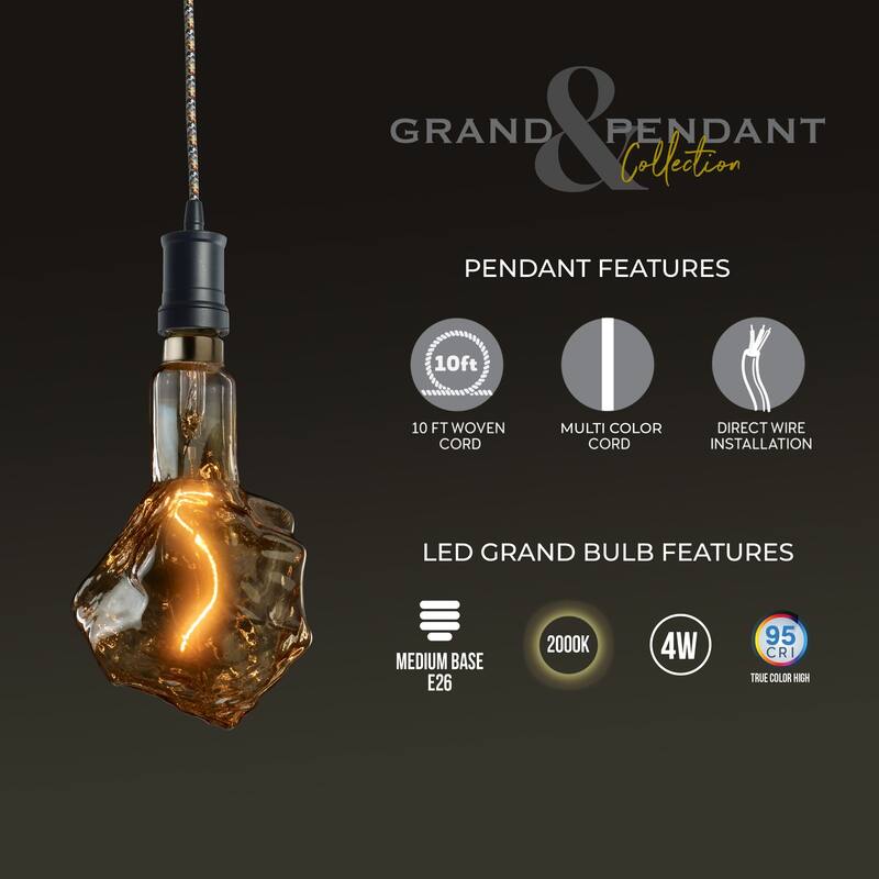Bulbrite LED Grand Bulb and Pendant Kit of (1) 4 Watt Antique Glass 13" Glacier Shaped Bulb
