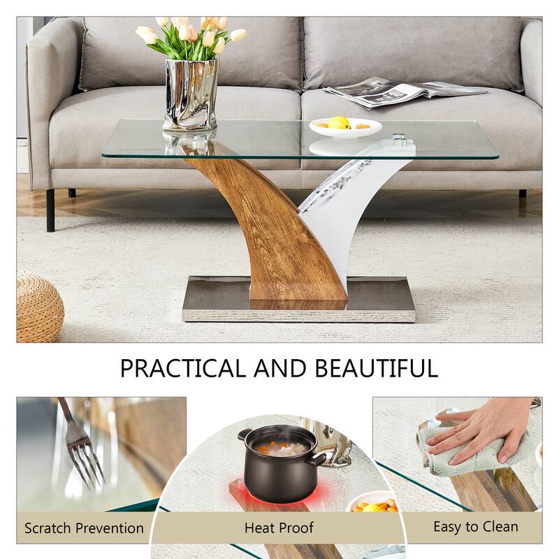 Roomfitters Glass Coffee Table with White and Wood MDF Legs, Rectangular Center Table for Dining or Living Spaces, White+Wood