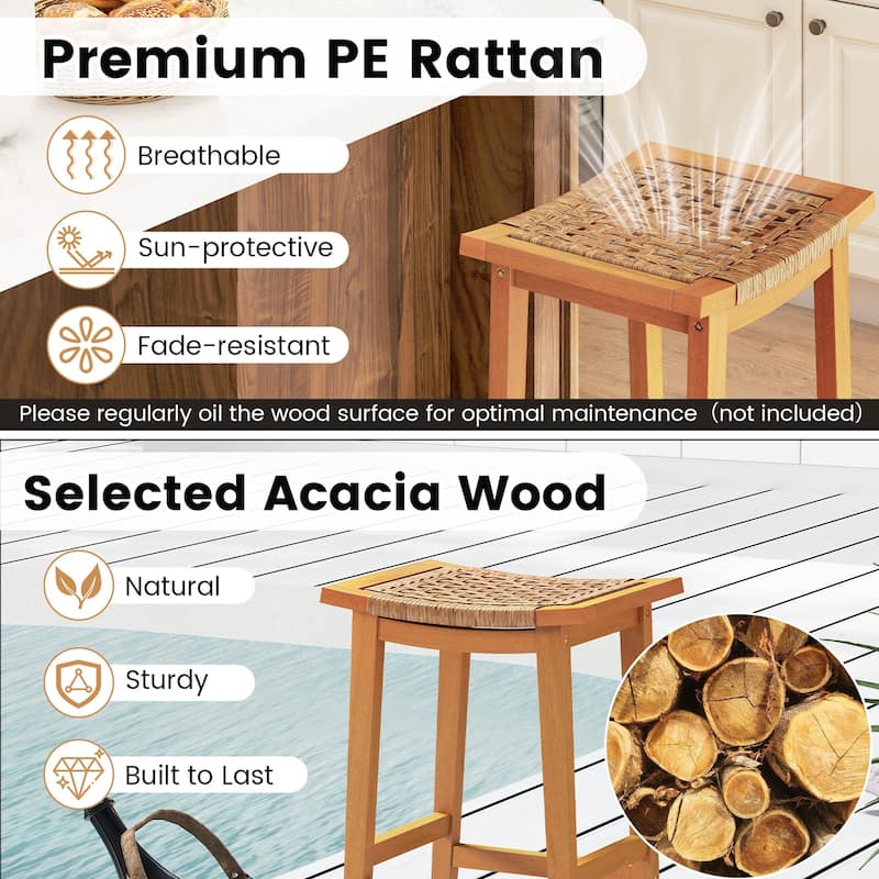 Natural Set of 2 Patio Acacia Wood Bar Stools with PE Rattan Saddle Seat for Deck or Balcony - Stool: 14" x 18" x 29"