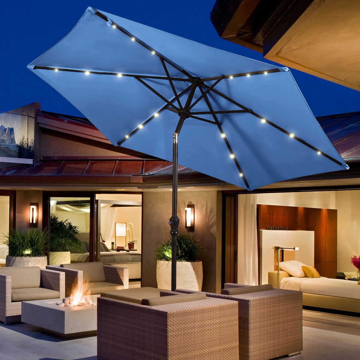 Shop Costway 9ft Patio Solar Umbrella Led Steel Tilt W Crank Blue Orange Overstock 31576069