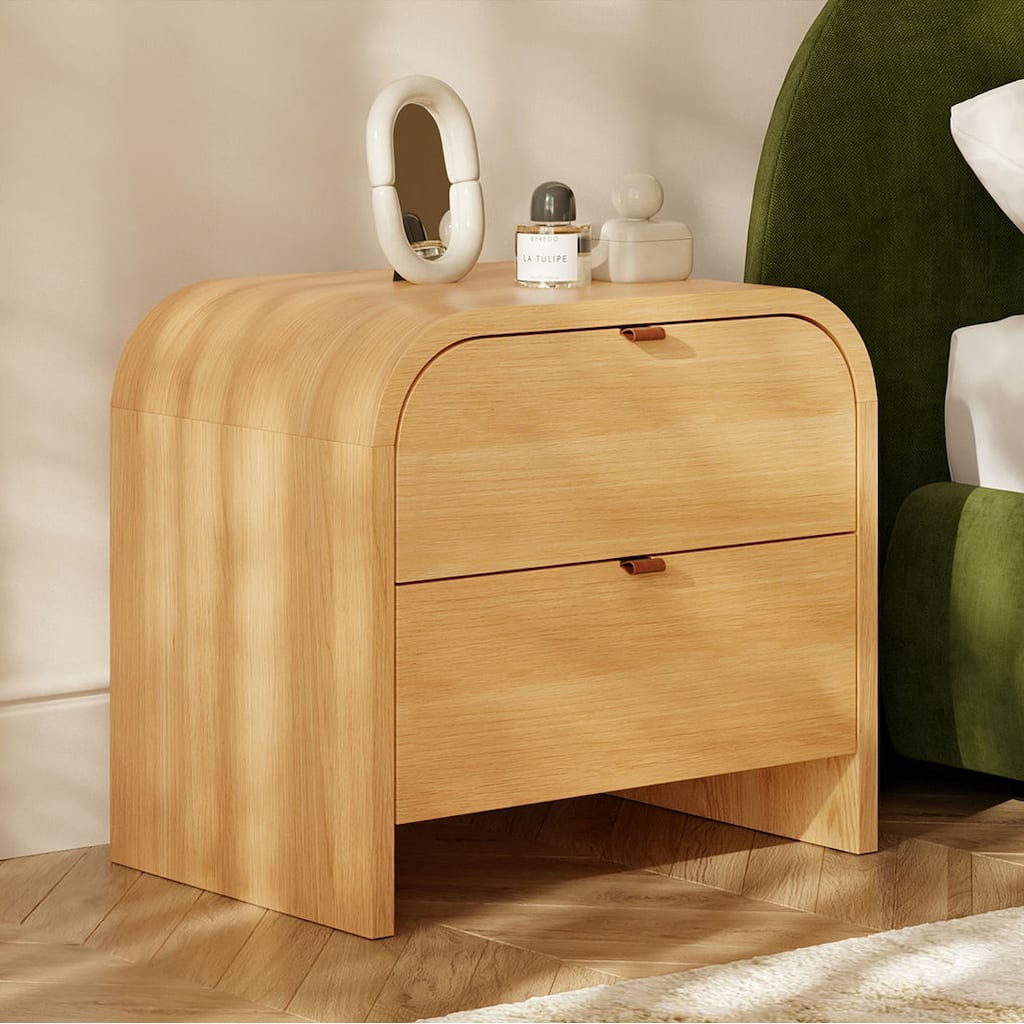 Poly & Bark Cirq Nightstand - Oak with Genuine Leather Pulls on Drawers
