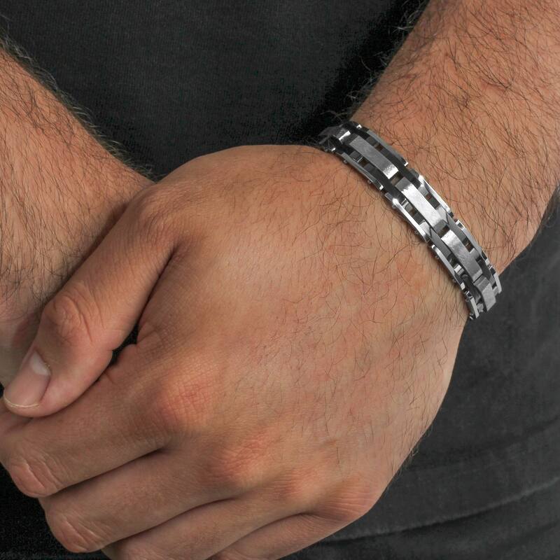 Steel Nation Stainless Steel Black Brushed Finish Diamond 3pc Set 0.02ctw (Dog Tag, Cross, and Bracelet)