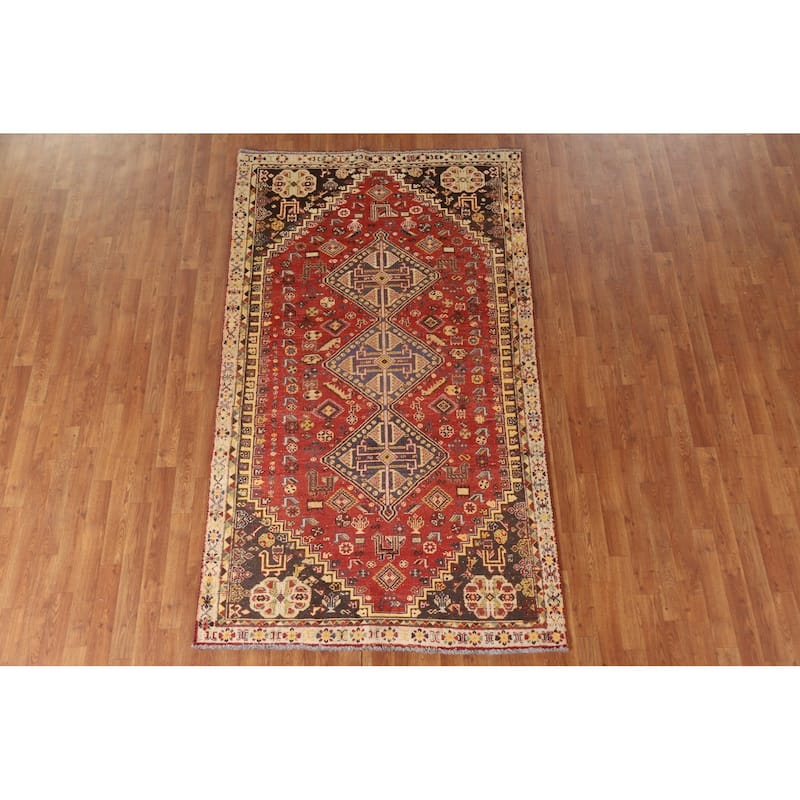 Red Animals Tribal Shiraz Persian Vintage Rug Handmade Wool Carpet - 4'6"x 8'0"
