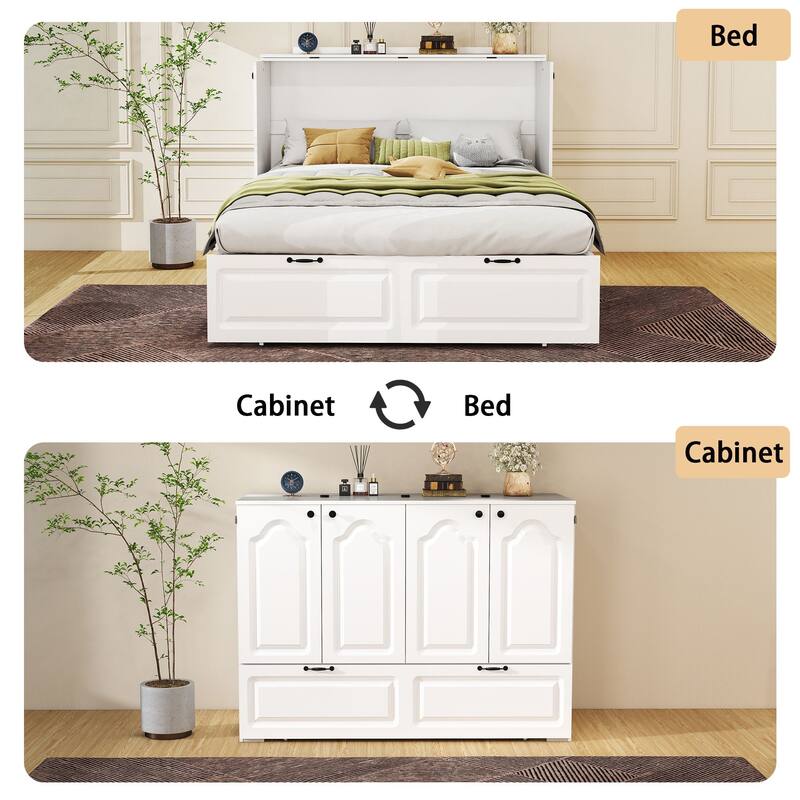 Murphy Cabinet Bed with Charging Station & Storage Drawer, Foldable Platform Bed for Small Spaces