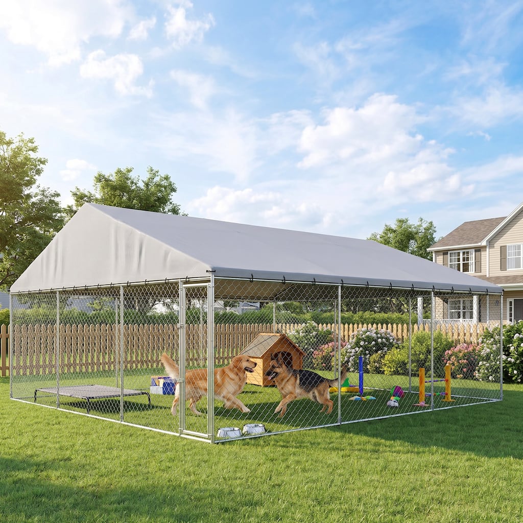 PawHut Outdoor Dog Kennel, Heavy Duty Chain Link Enclosure with Waterproof Roof, Double Locks, 20' x 15' x 8'
