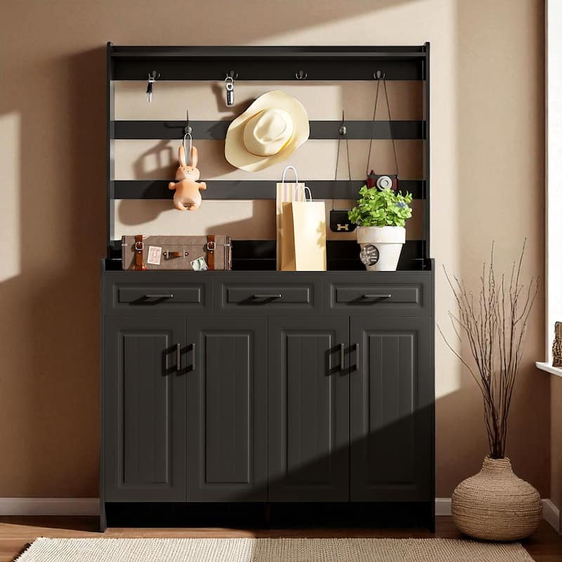 51.2" Hallway Shoe Cabinet with Coat Rack, 4 Doors, 3 Drawers, 8 Shelves & Metal Hooks - Black