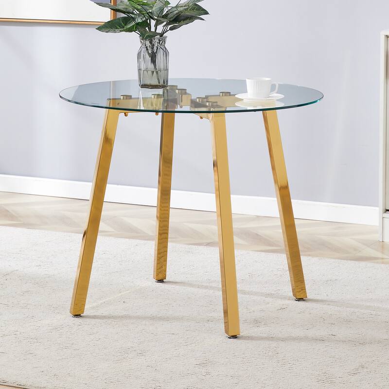 Roomfitters Round Glass Dining Table with Gold 7-Shaped Metal Legs for Kitchen Living Room or Office, Gold