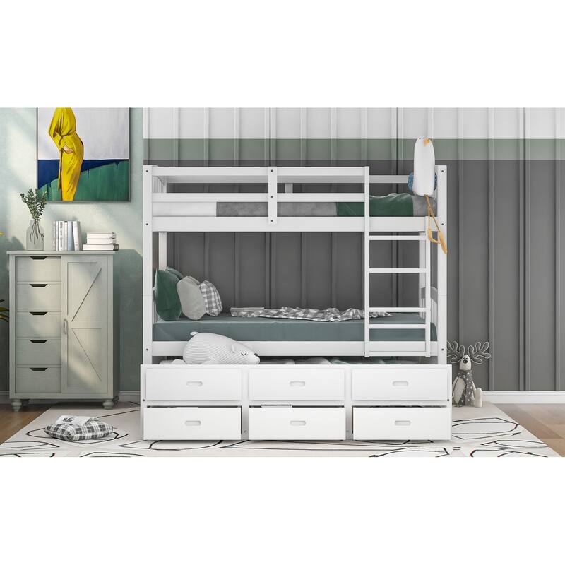 Twin Over Twin Wood Bunk Bed with Trundle and Drawers, White