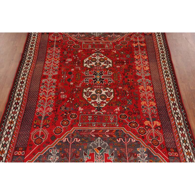 Hand Knotted Oriental 100% Wool Carpet Traditional Tribal Red Qashqai Area Rug - 9' 5'' X 6' 5''