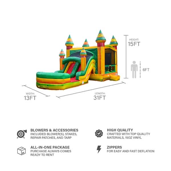 JumpOrange Fiesta Commercial Grade Bounce House Water Slide Combo with Attached Pool & Air Blower, Outdoor Inflatable Kids Play