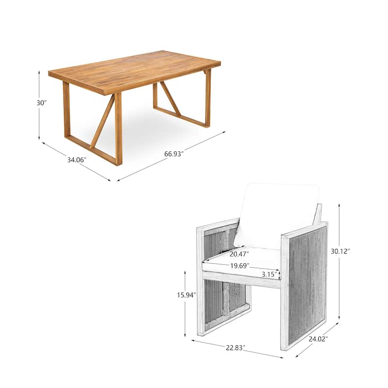 Christopher Knight Home - Modern Outdoor Acacia Wood Dining Set with Cushions and Handwoven Rope Chairs