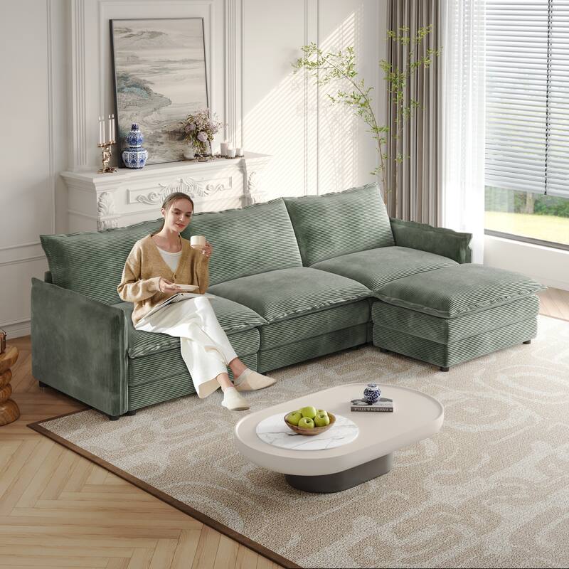 109" Corduroy 3-Seater Cloud Sectional Sofa with Movable Ottoman