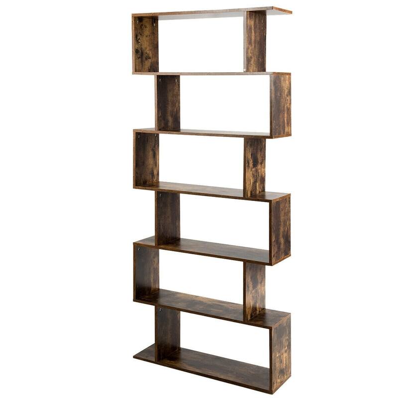 6-Tier S-Shaped Bookcase Z-Shelf Style Storage Bookshelf-Coffee - 31.5" x 9.5" x 76" (L x W x H)