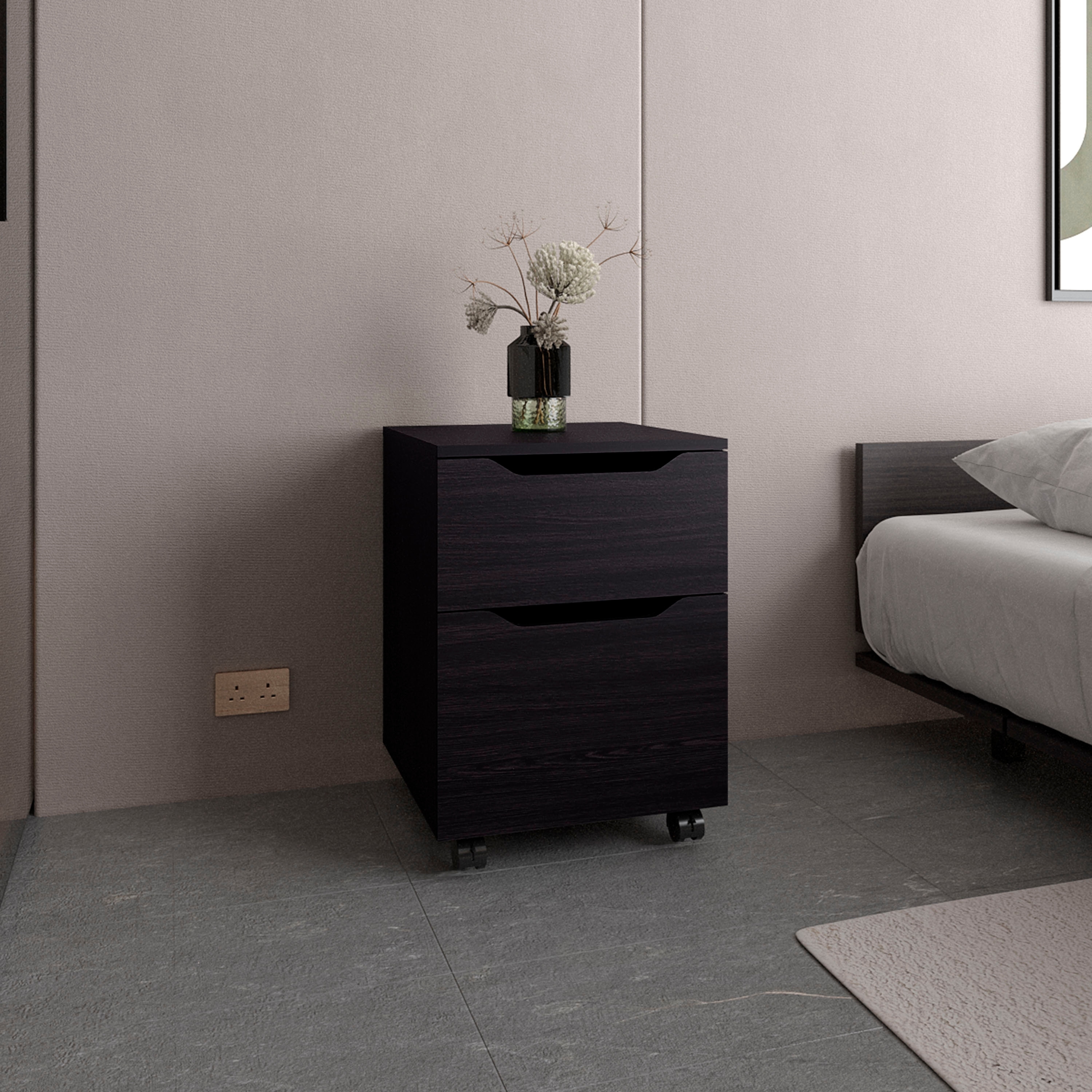 Modern Black Nightstand with Open Shelves and Door