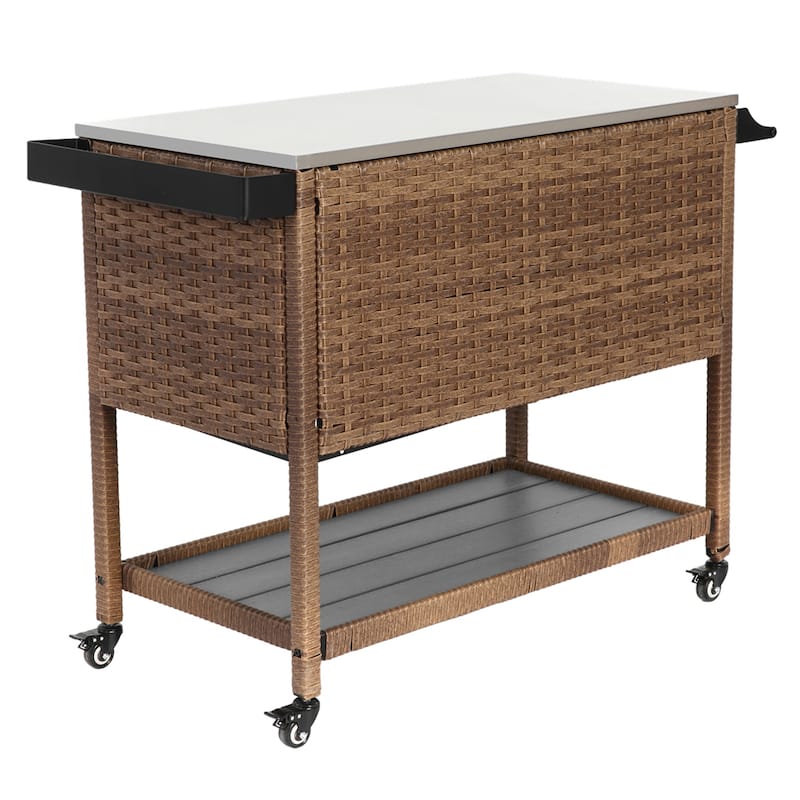 Rolling Rattan Bar Cart with Stainless Steel Table Top for Garden