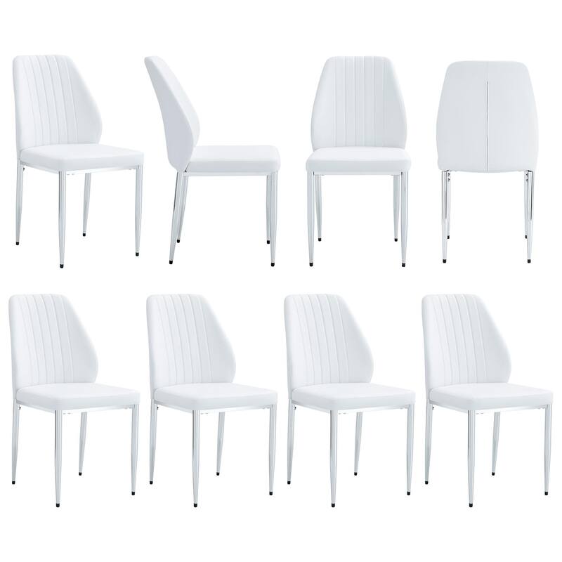 Roomfitters PU Dining Chairs with Extended Backrest and Silver Metal Legs, Modern Upholstered Set of 8 - White